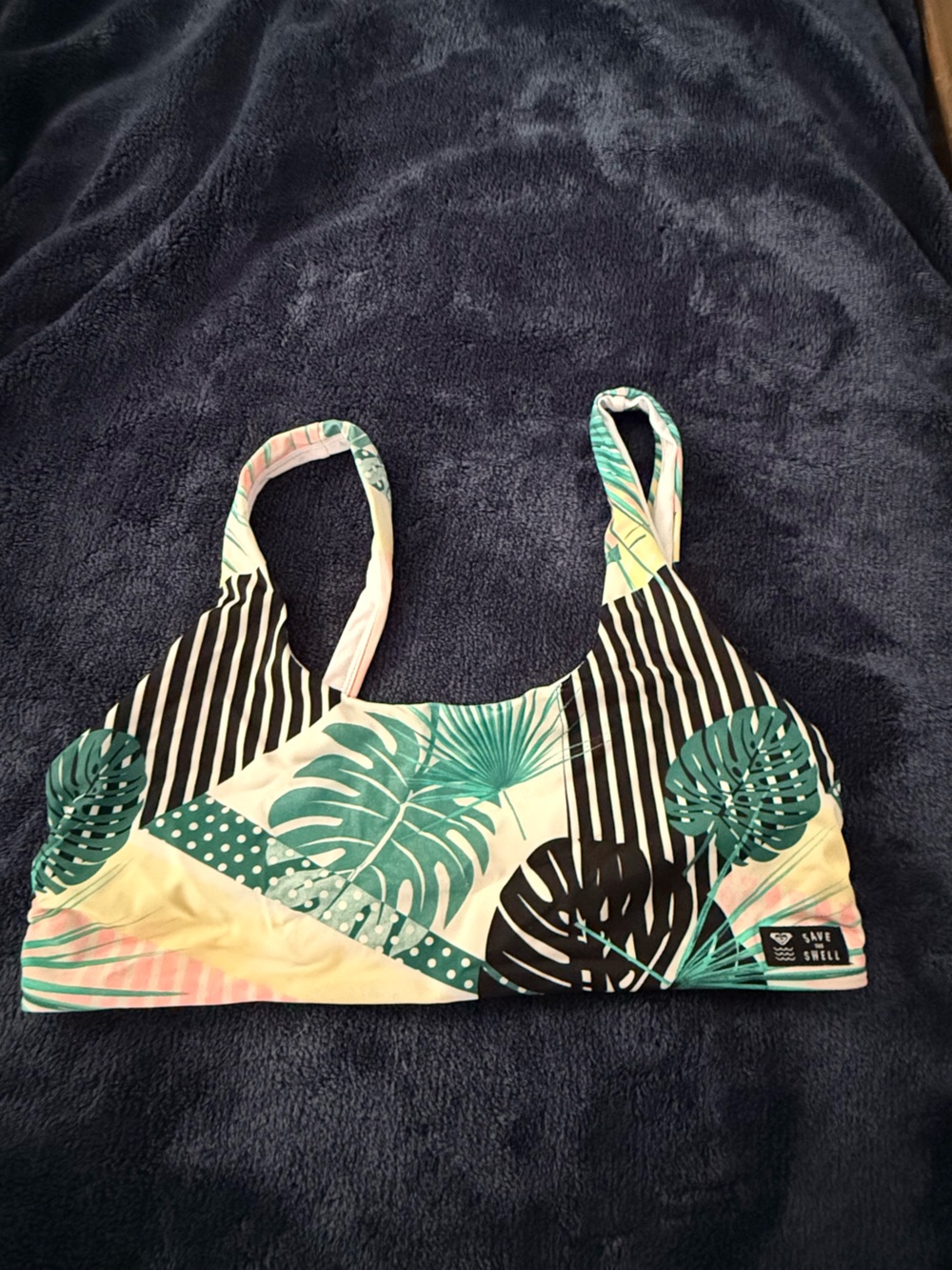 Roxy Tropical Leaf Print Bikini Top in Teal, Black, Cream
